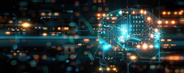 Obraz premium An AI robots brain depicted as a glowing microscheme, with intricate circuits and pulsing lights