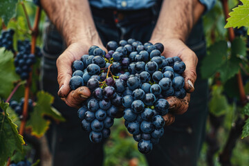 Closeup of hands holding blue grapes, surrounded by green leaves and vineyards in the background....