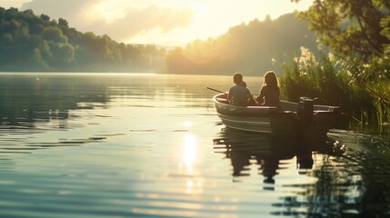 A family enjoying a leisurely boat ride on a calm lake, with the sunlight reflecting off the water.