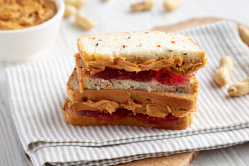 Homemade Peanut Butter and Jelly Sandwich, low angle view.