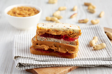 Homemade Peanut Butter and Jelly Sandwich, low angle view.