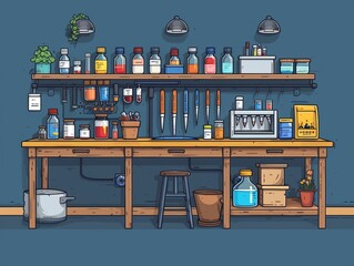 Lab bench in the style of simple line art Use vector lines on a clean background.