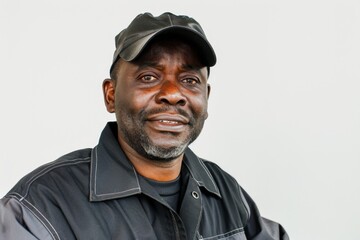 Portrait of a male, 50- 60 years old African American worker in uniform and cap.