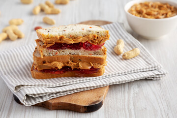 Homemade Peanut Butter and Jelly Sandwich, low angle view. Close-up.