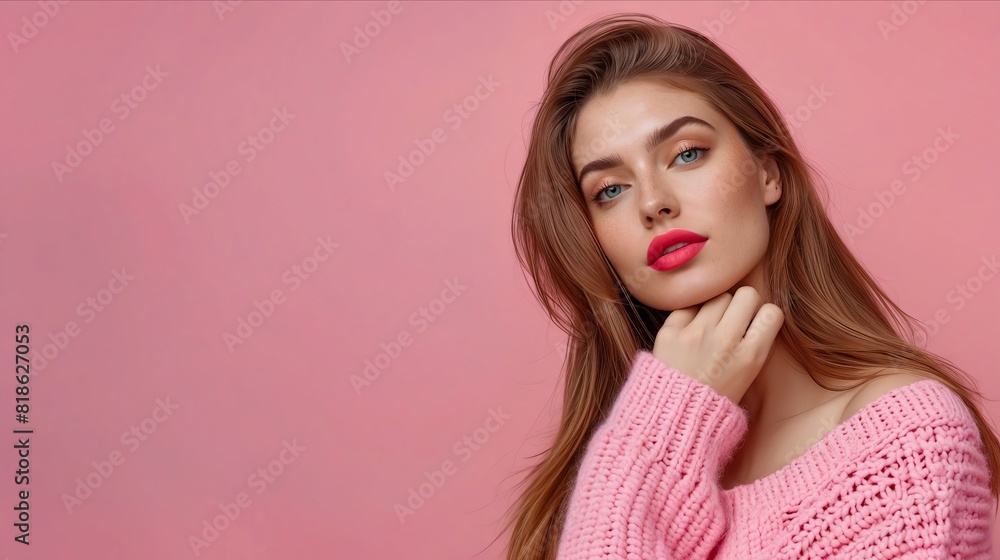 Wall mural a woman in pink sweater with red lips. - Wall murals