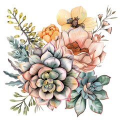 Fototapeta premium A beautiful watercolor painting of a bouquet of succulents and flowers