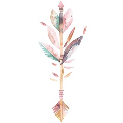 An illustration of a watercolor arrow with feathers in boho style. The arrow is decorated with colorful feathers and has a pink arrowhead. The arrow is pointing upwards.