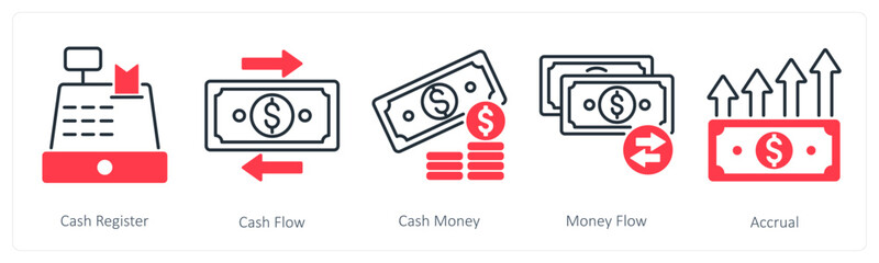 A set of 5 Banking icons as cash register, cash flow, cash money