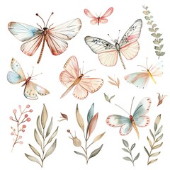 A beautiful watercolor painting of a variety of insects, including butterflies and dragonflies, with delicate floral elements