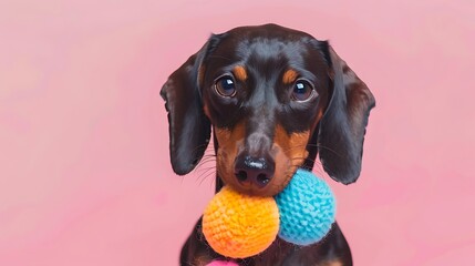 Dachshund holding a dog toy in its mouth against pink background