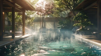 A gentle mist rises from the water, enveloping the pool in an ethereal veil of tranquility.