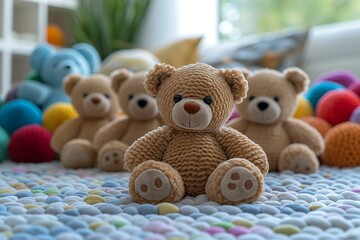 Group of Cute Stuffed Teddy Bears with Colorful Toys in Cozy Playroom