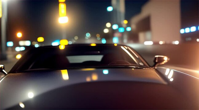 The car is driving down a road with a city in the background. The car is the main focus of the image, and it is a high-performance vehicle.