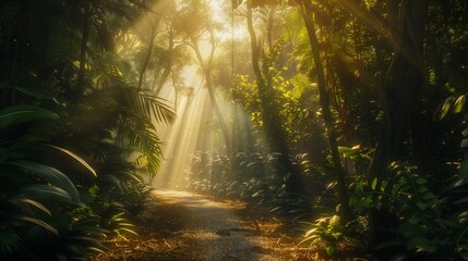 Obraz premium A gravel path disappearing into a dense forest, with sunlight filtering through the canopy in golden shafts.