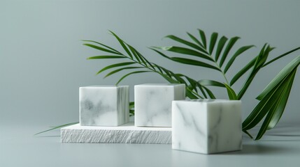 Minimalist White Marble Cubes with Palm Leaves on Gray Background