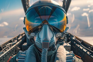 Close-up shot of a fighter pilot in full gear inside the cockpit of a jet, with reflective visor and oxygen mask, in flight over a cloudy sky.