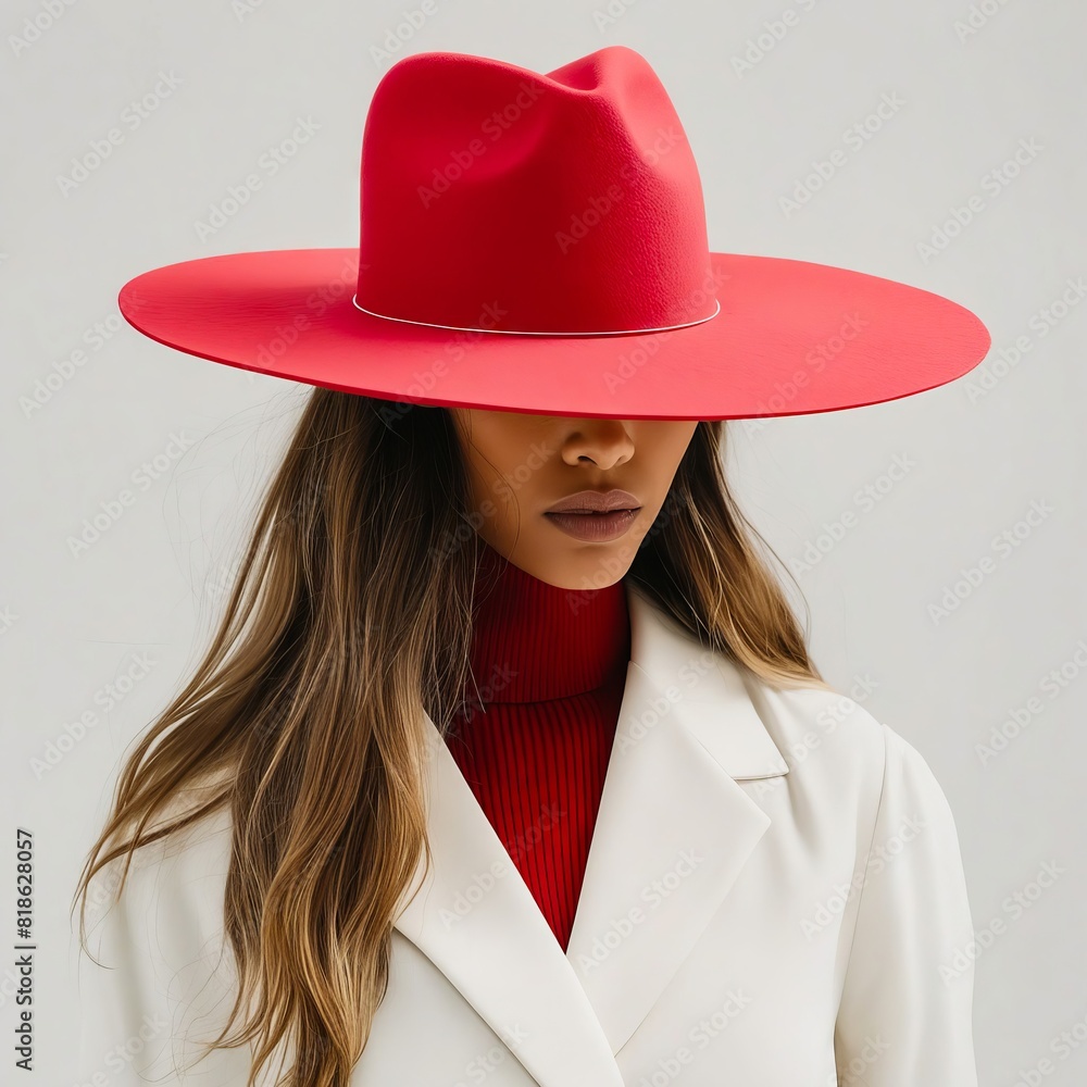 Wall mural a woman wearing a red hat and white coat.