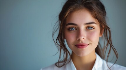 A beautiful woman with blue eyes looking at the camera.