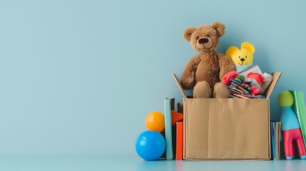 Donation box with kid toys books clothing for charity on light blue background
