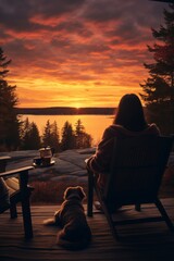 Woman and dog enjoying a cozy sunset 
