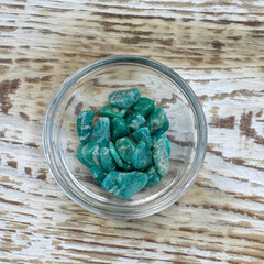 Amazonite also known as amazonstone Semi-Precious Gemstones on white textured background