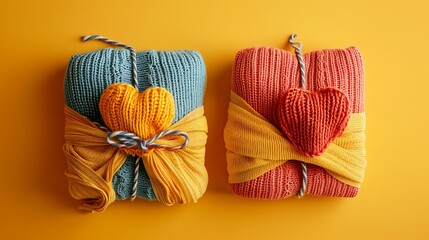 Eco friendly gift furoshiki and knitted hearts on yellow background