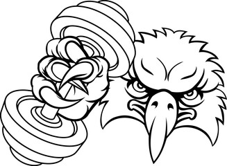 An eagle hawk bird weight lifting gym animal sports mascot holding a dumbbell in its claw