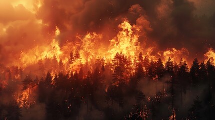 A heatwave-induced wildfire consuming a forest, flames leaping high into the sky amidst billowing smoke.
