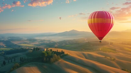 A hot air balloon floating above rolling hills during a sunrise balloon festival