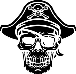 A pirate skull and crossbones jolly roger grim reaper cartoon wearing captain a hat and eye patch