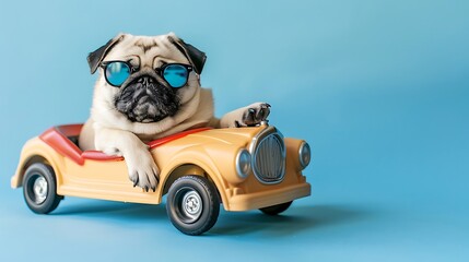 Funny pug dog with sunglasses in toy car on light blue background