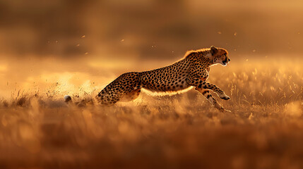 A cheetah is running in a grassy field.
