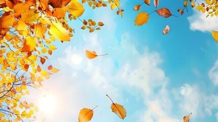 Vibrant autumn foliage against blue sky background