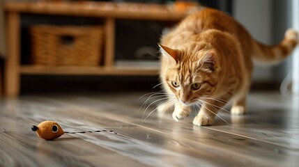 Ginger cat hunts a toy mouse in the home room