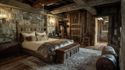 Rustic bedroom interior. With lots of old wood effect furniture and furnishings. Generative AI