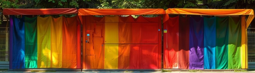 The colorful LGBT pride flag waving in the wind against the water surface.