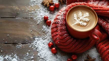 The warmth of winter hot drinks with a texture flat lay photography top view 