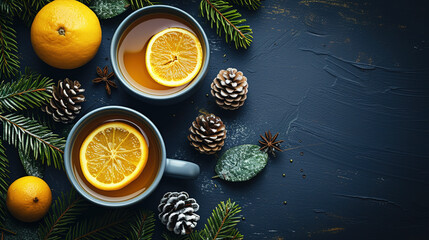 The warmth of winter hot drinks with a texture flat lay photography top view 