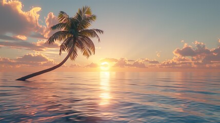 A lone palm tree leaning out over the water, its fronds swaying gently in the sea breeze as the sun sets behind it.