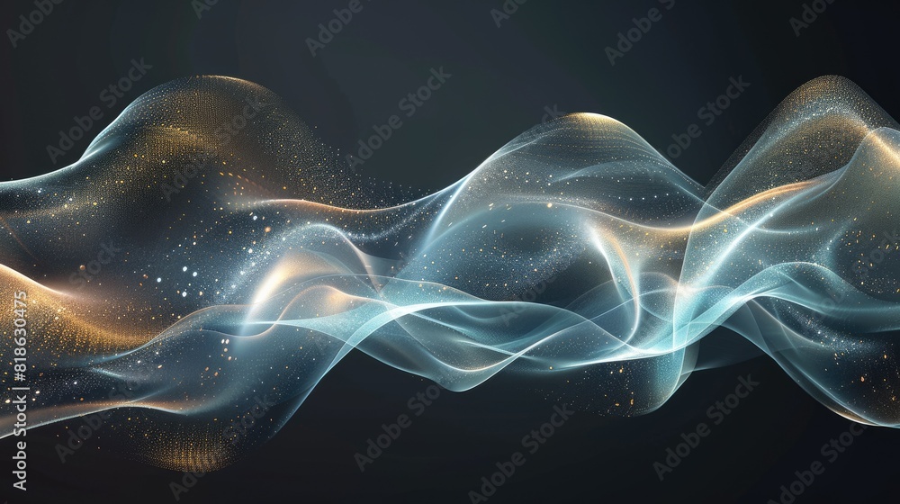 Poster the image is a glowing blue and gold wave of light on a dark background. it is an abstract image tha