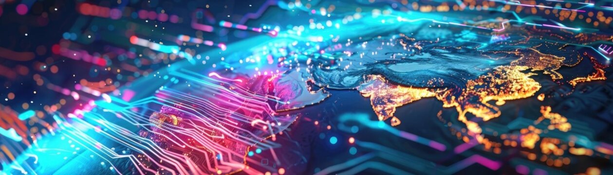 An intricate digital world map, highlighting a new paradigm in global internet networks, interconnected by AI and cloud technology