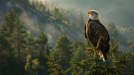 A majestic bald eagle perched atop a towering pine tree, its keen eyes scanning the landscape below for prey.