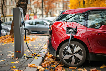 Cityscape with electric car charging stations, urban mobility solutions for electric vehicles.