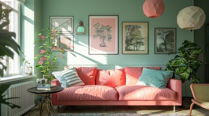 Chic Living Room with Pink and Green Decor, Modern Style, Perfect for Fashion and Interior Design Publications