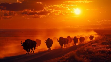 A majestic herd of buffalo crossing a dusty western road, their powerful silhouettes silhouetted against the fiery hues of sunset.