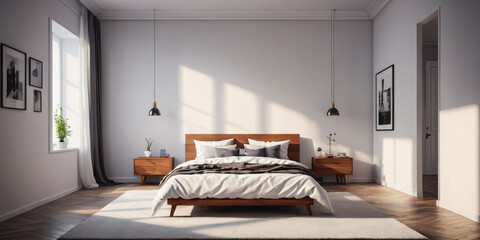 Modern Minimalistic Bedroom with Bed and Lamps. A simply furnished bedroom with a bed, two lamps on nightstands, and a window.