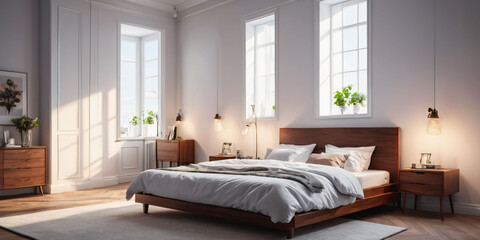 Modern Minimalistic Bedroom with Bed and Lamps. A simply furnished bedroom with a bed, two lamps on nightstands, and a window.