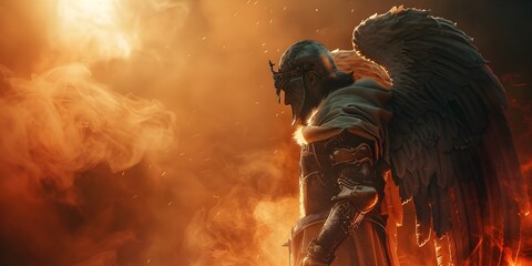 Mystical Warrior Angel Stands Tall Amidst Fiery Apocalyptic Backdrop of Fantasy Mythology