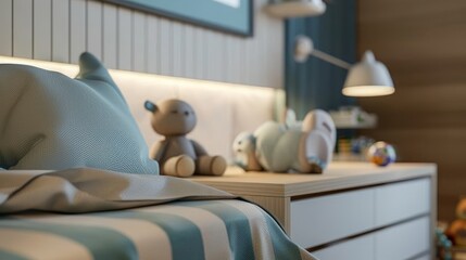 Serene Children's Room with White Bedding and Plush Toys, Suitable for Relaxation and Family Lifestyle Magazines