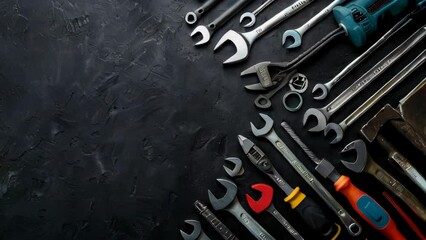A collection of tools including pliers, wrenches and other building supplies on a black background with space for copy text. The supplies are arranged in the style of a photo for a banner template